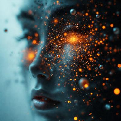 The primary subject of the image is a woman with a beautiful face. She is the main focus of the image. The setting is a dark background, which contrasts with the woman's face. The visual style is a digital art, as the woman's face is depicted with a vibrant and colorful glow. The colors and mood of the image are lively and captivating, with the woman's face being the center of attention.